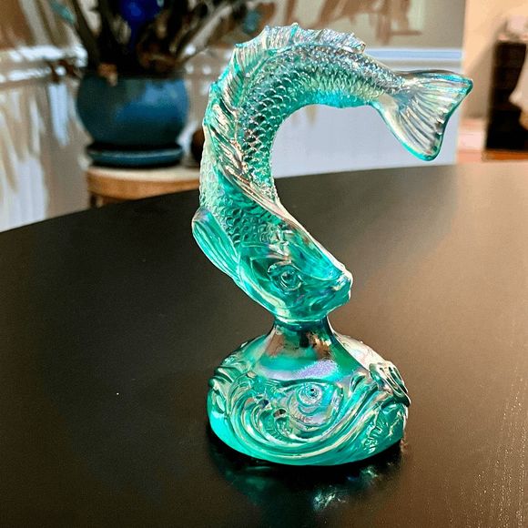 Fenton Other - Vintage Fenton Green Carnival Iridescent Glass Fish Figurine Leaping Jumping